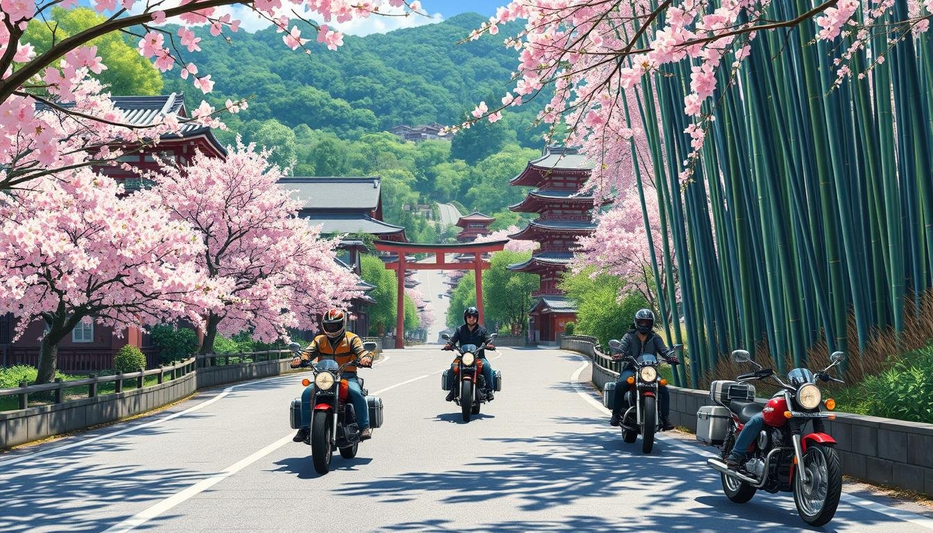 Riding among the bamboo and cherry blossom.