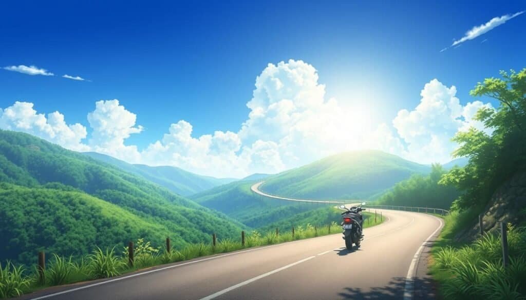 clouds meet hilltop winding valley scene with motorcycle