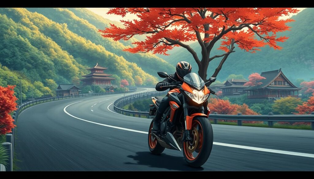 Orange motorcycle on road with orange autumn leaves on trees