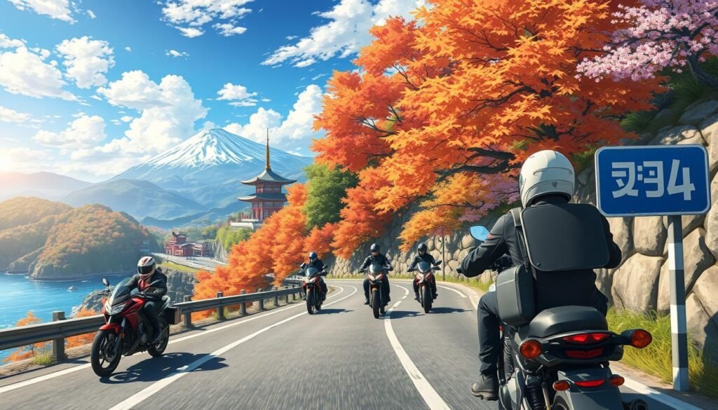 Motorcycling in the fall with Mt. Fuji background