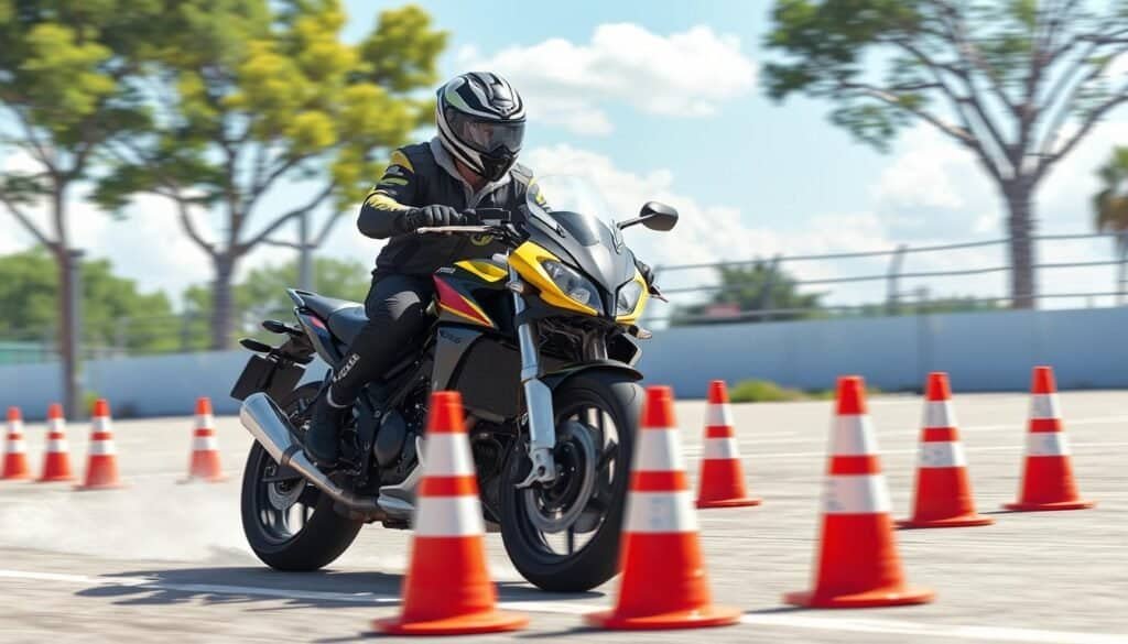 A motorcyclist riding through traffic safety cones in the training area.