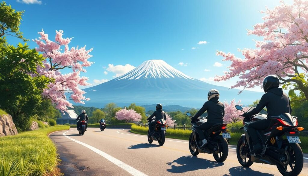 Riding scenic route with Cherry Blossoms and Mt. Fuji in the distance 