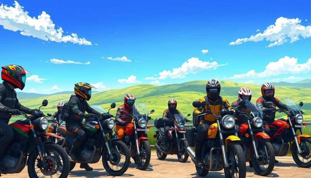 Group of motorcyclists preparing to depart on a sunny day.