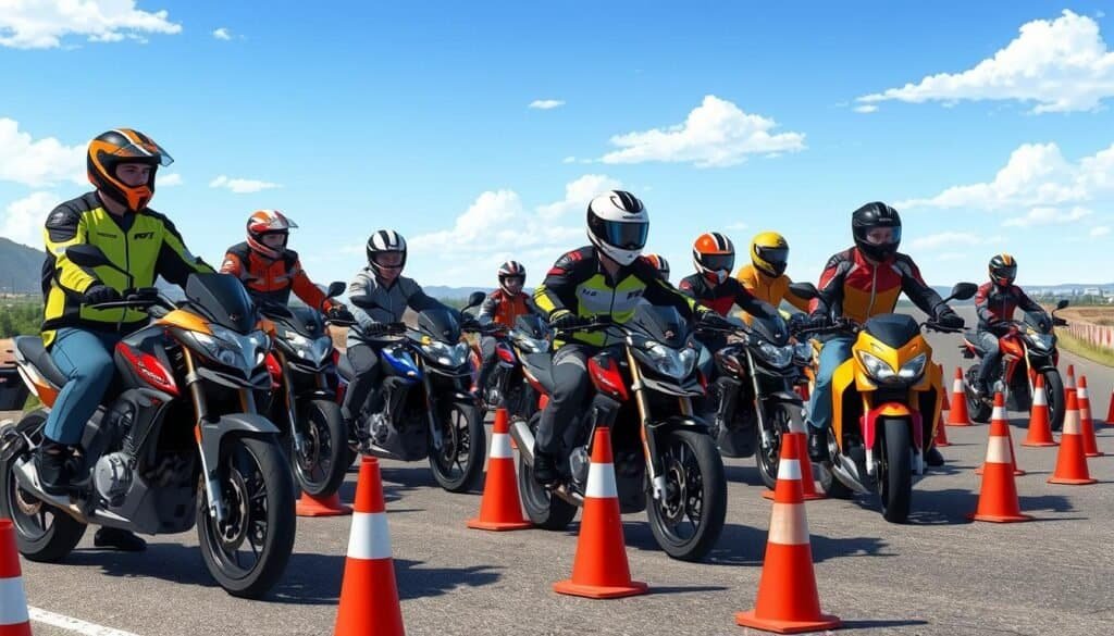 Group of motorcycle riders waiting among cones at training center.