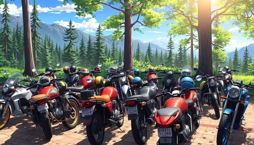 A large group of motorcycles parked closely in a wooded area with trees and mountains in the background.