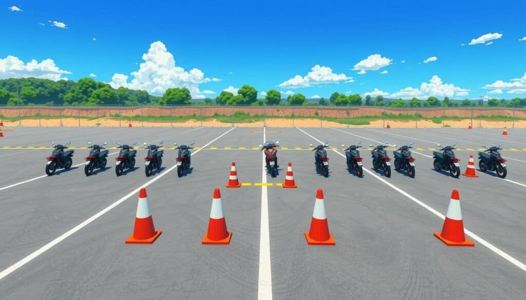 Multiple motorbikes lined up with traffic cones at motorcycle practice area.