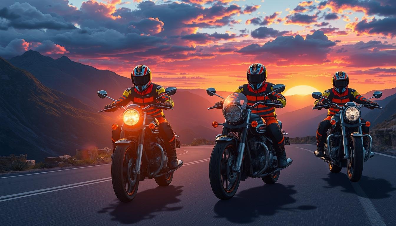 motorcycle instructors riding with sunset background