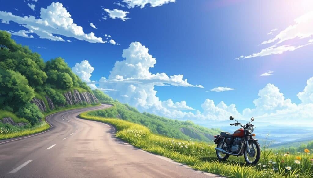 A single motorbike parked by the side of a hilltop road, with white clouds and blue sky.