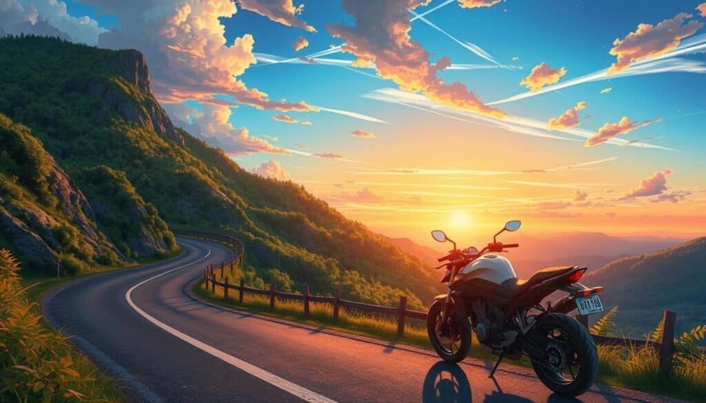 An adventure-style motorcycle parked by the edge of a valley-top road with the sun setting in the distance.