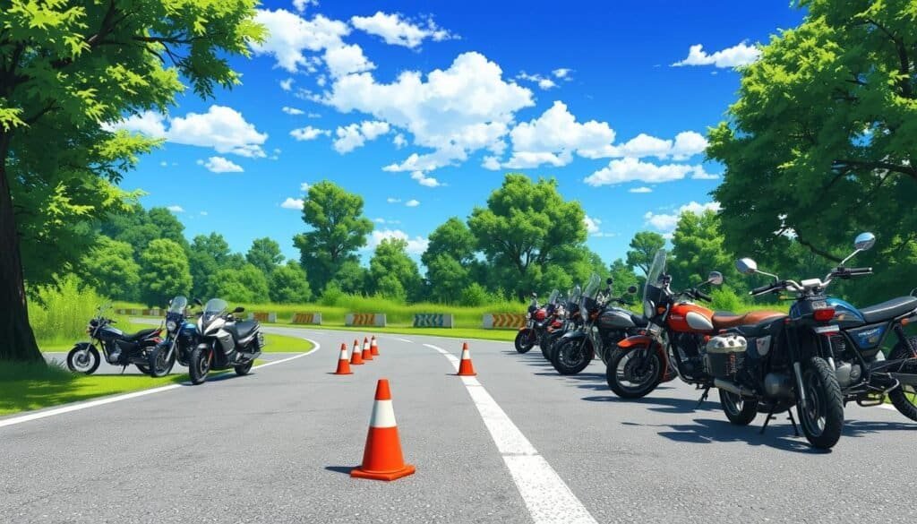 Multiple parked motorbikes at training area