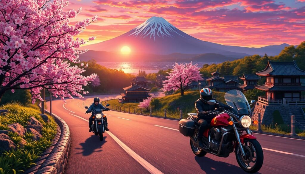 motorcycling with Mt. Fuji in the sunset