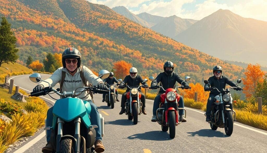 older motorcyclists riding in the hills