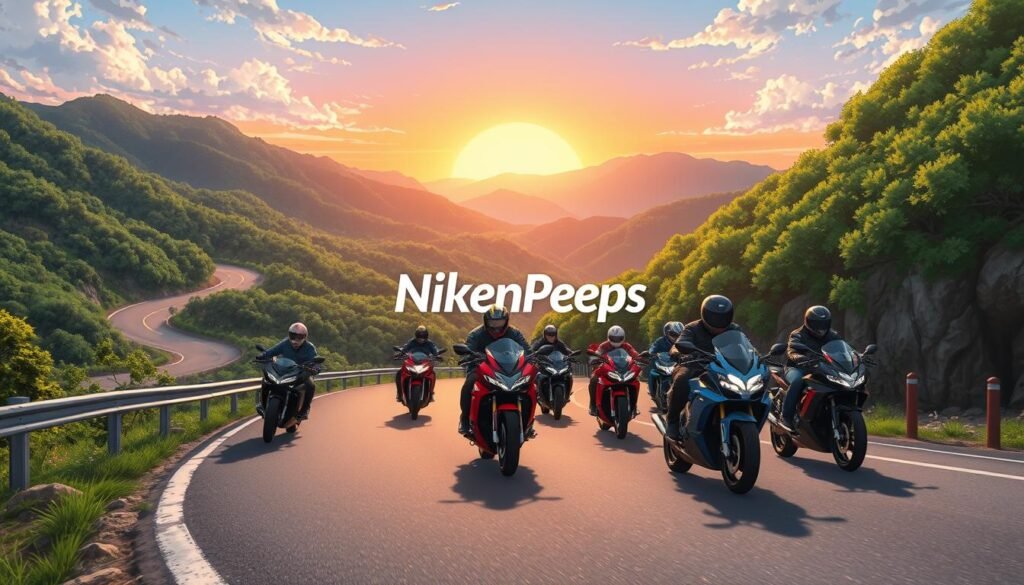 Group motorcycle riders with rising sun in background