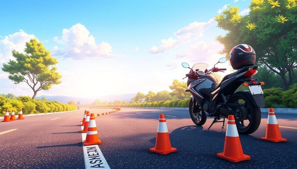 single motorcycle and traffic cones at training area