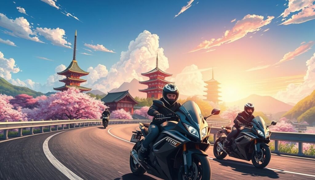 Riding sports motorbikes with Japanese temples in background