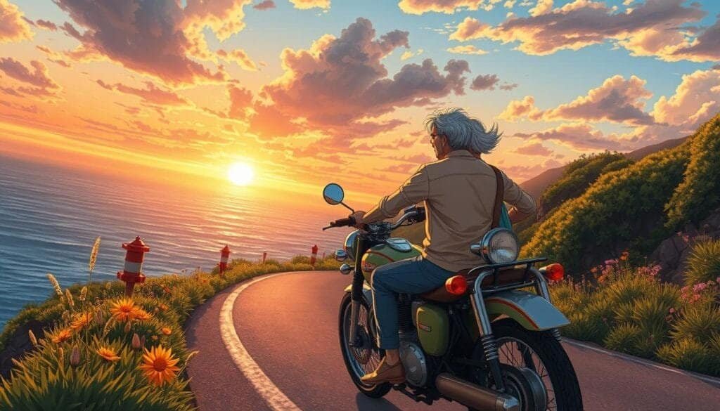 motorcyclist riding in the sunset