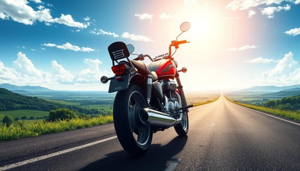 motorbike facing very long straight road ahead