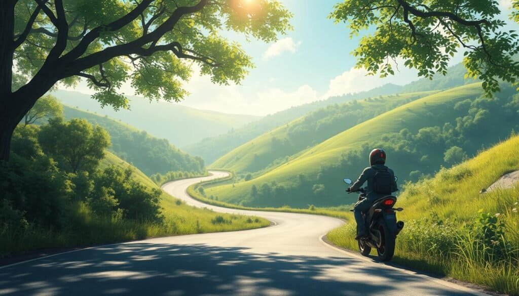 winding green valley and motorcyclist