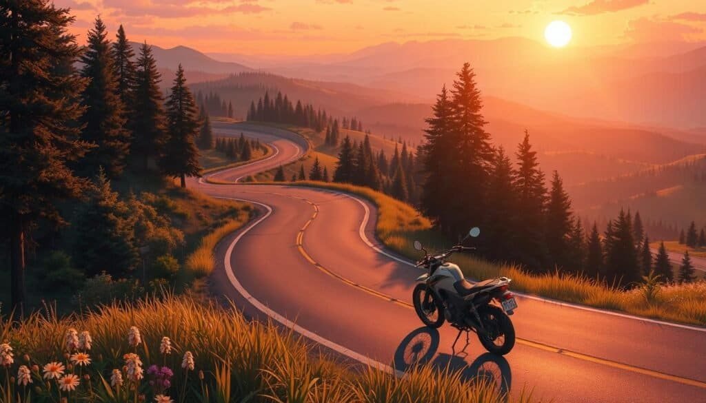 winding pine roads and motorcycle