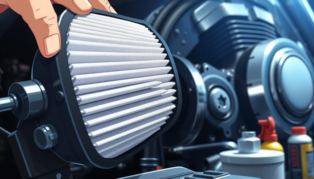 A hand holding an air filter in front of a motorcycle engine.