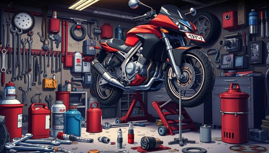 motorcycle in maintenance garage