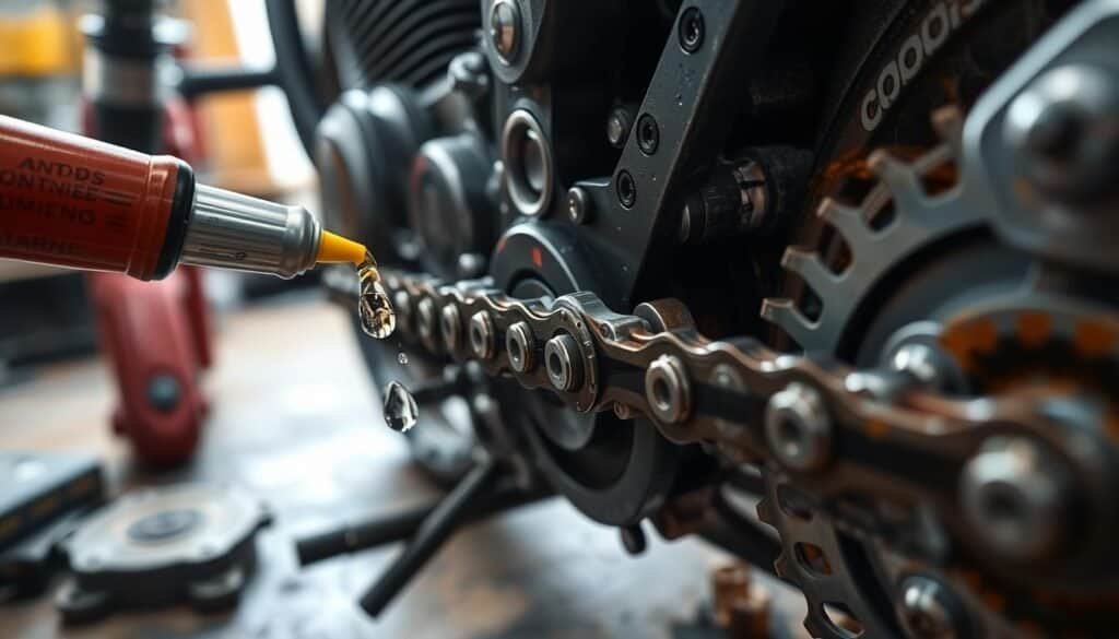 Oil dripping near a motorcycle chain for maintenance.