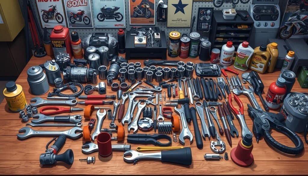 An extensive collection of mechanics tools for motorcycle maintenance.