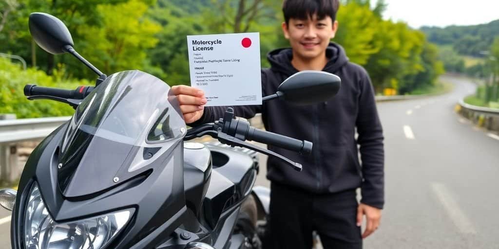 A young, happy guy is holding up his new Motorcycle Licence certificate.  