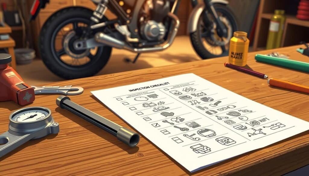 An inspection checklist for motorcycle maintenance on the worktop in the work garage.  