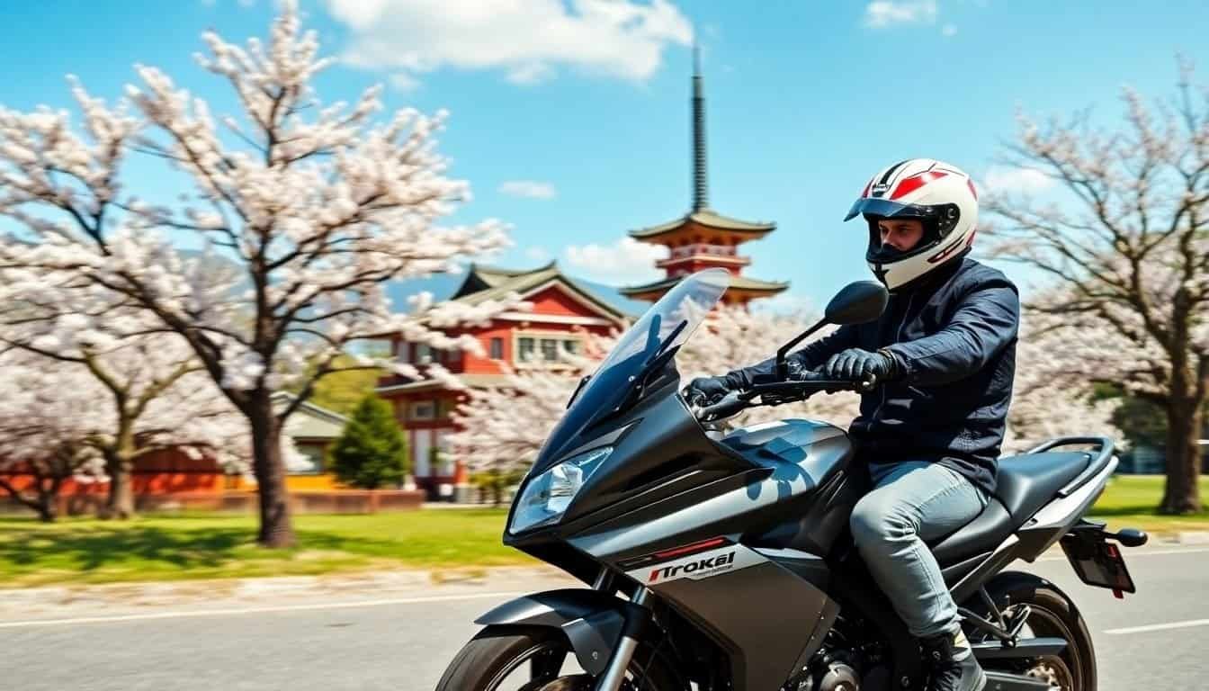 A motorcyclist riding past a Japanese building and cherry blossom trees.