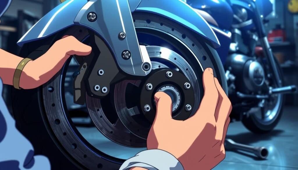 Hands are doing maintenance on a motorcycle wheel and brake system.