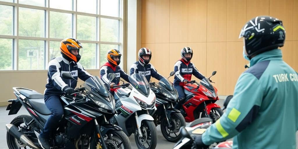 Four motorcyclists listening to motorcycle instructor