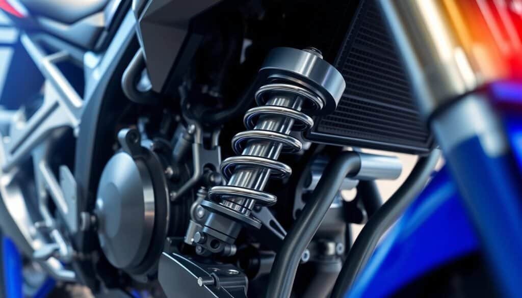 A shiny suspension spring by the steering system of a motorcycle.