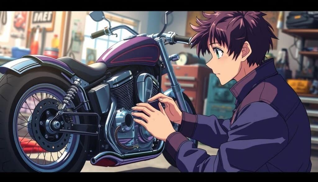 A young guy doing motorcycle maintenance at home.