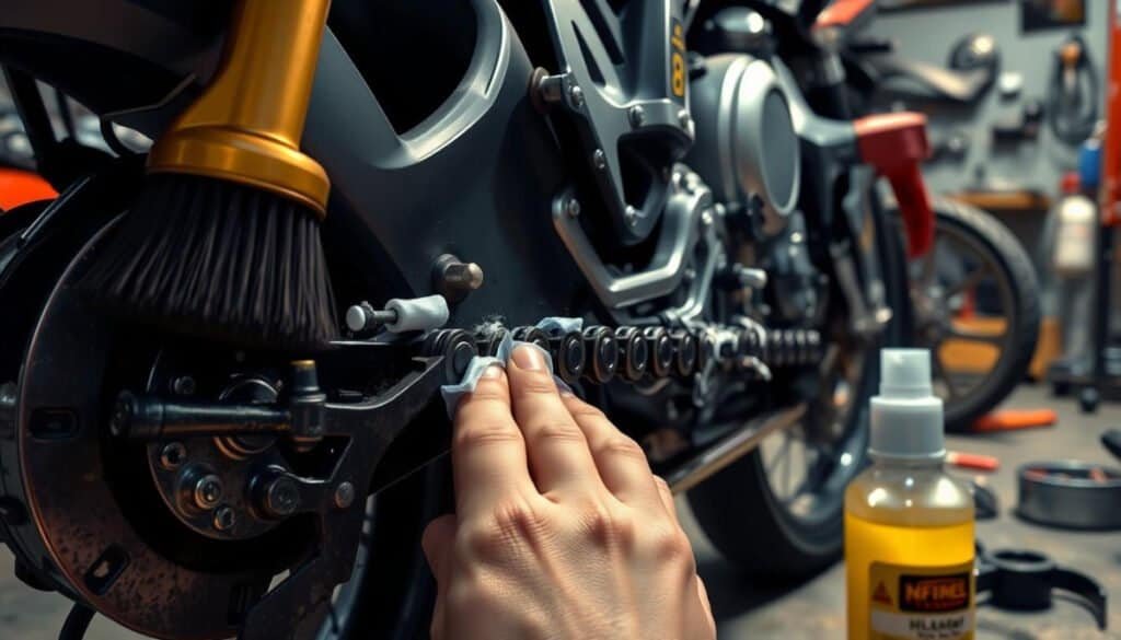 A close-up view of a motorcycle chain being meticulously cleaned and lubricated, surrounded by essential tools like a brush, chain cleaner, and lubricant spray. The background features an industrial garage with motorcycle parts and tools, emphasizing a sense of care and precision in maintenance. Soft lighting highlights the shiny metal of the chain and the intricate details of the motorcycle's drive system.