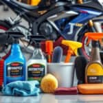 A neatly arranged collection of motorcycle cleaning products.