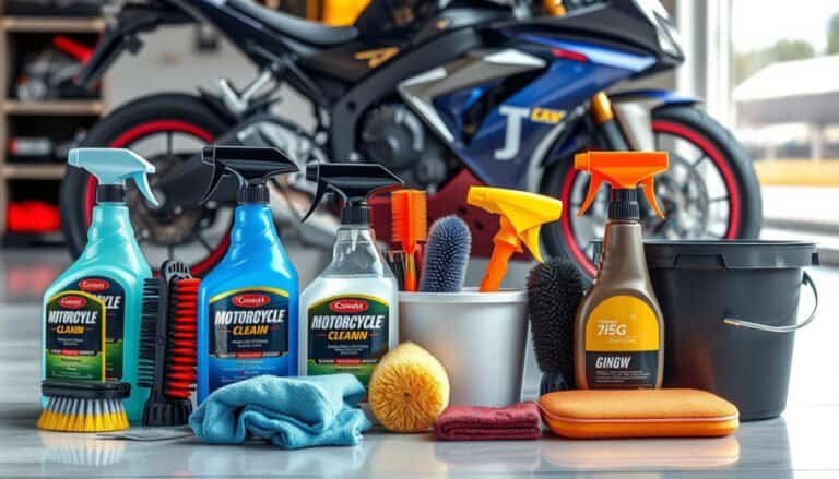 A neatly arranged collection of motorcycle cleaning products including various spray bottles, brushes of different sizes, microfiber cloths, a bucket, and a sponge, all set against a clean garage backdrop with a polished motorcycle in the background. The products should display bright colors and sleek designs, emphasizing their functionality and appeal for motorcycle enthusiasts.