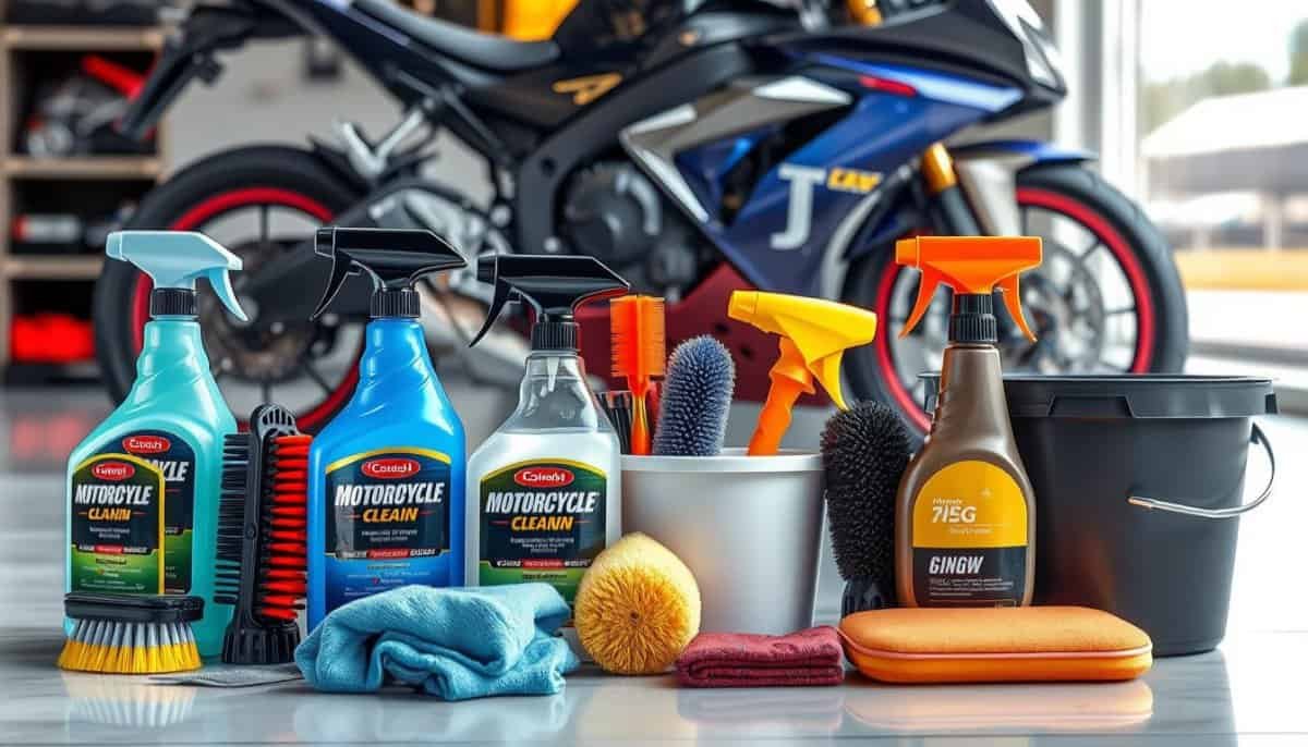 A neatly arranged collection of motorcycle cleaning products including various spray bottles, brushes of different sizes, microfiber cloths, a bucket, and a sponge, all set against a clean garage backdrop with a polished motorcycle in the background. The products should display bright colors and sleek designs, emphasizing their functionality and appeal for motorcycle enthusiasts.