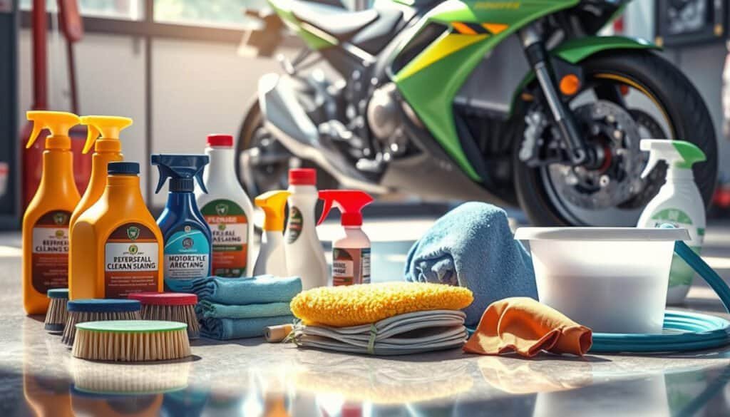 A collection of motorcycle cleaning supplies, including bottles of detergent, sponges, brushes, microfiber cloths, a bucket, and a hose, neatly arranged on a clean garage floor, with a shiny motorcycle in the background, bright natural lighting highlighting the cleanliness and organization of the products.