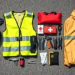 A detailed flat lay of motorcycle essentials for rider safety.