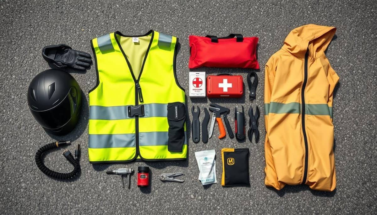 A detailed flat lay of motorcycle essentials for rider safety, featuring a high-visibility reflective vest, a sturdy helmet, protective gloves, first aid kit, tire repair tools, portable air compressor, multi-tool, and a rain poncho, all arranged neatly on a textured asphalt background.