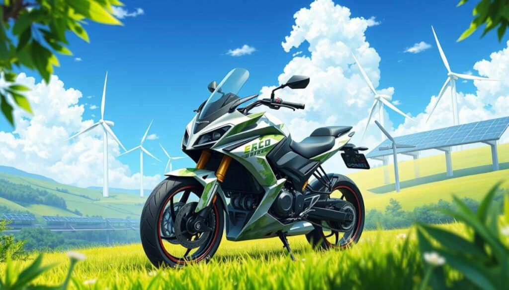 Motorcycle in green meadow with windmills and solar panels