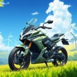 Motorcycle in green meadow with windmills and solar panels
