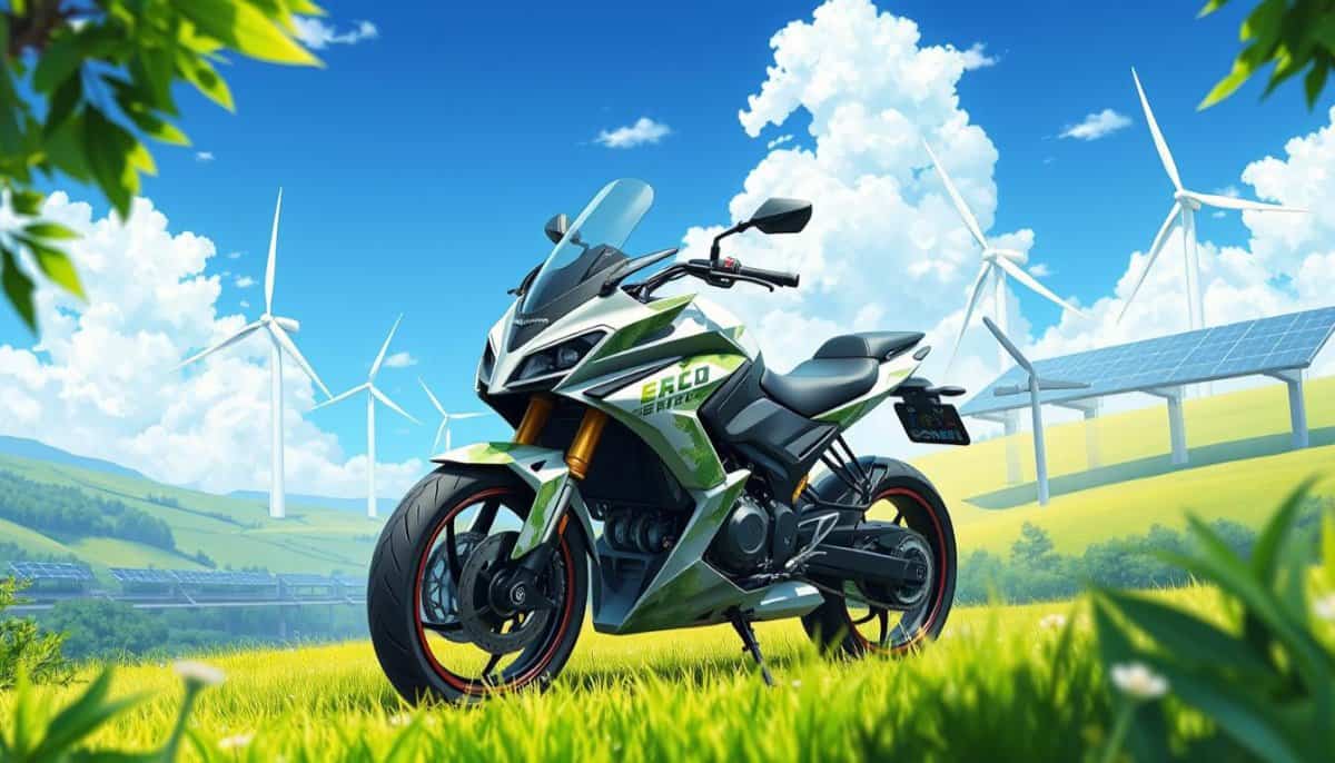 Motorcycle in green meadow with windmills and solar panels