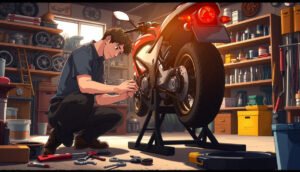 A mechanic working on a motorcycle in a garage, focused on removing the front wheel. Tools scattered around, including a wrench and tire levers, with the motorcycle elevated on a stand. The background features shelves filled with motorcycle parts and equipment, creating a busy workshop atmosphere. Natural light filters through a window, highlighting the scene.