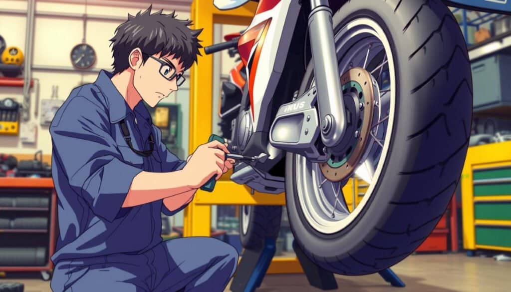 A skilled mechanic in a workshop, focused on replacing a motorcycle tyre, surrounded by tools.