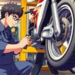 A skilled mechanic in a workshop, focused on replacing a motorcycle tyre, surrounded by tools.