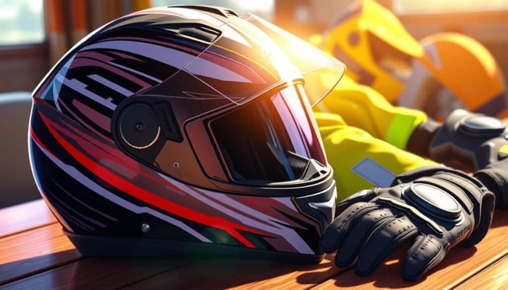 A sleek motorcycle helmet resting on a wooden table, featuring a glossy finish with bold graphics and vibrant colors, sunlight reflecting off its surface, surrounded by bits of reflective safety gear like gloves and riding jacket, hinting at an adventurous road ahead, high-resolution detail.