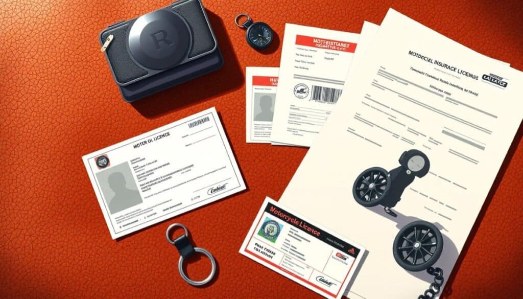 A neatly arranged flat lay of essential motorcycle documentation, including a motorcycle registration card, insurance papers, and a driving license, all placed on a textured leather background with a keychain and a small compass nearby, emphasizing organization and readiness for the road.