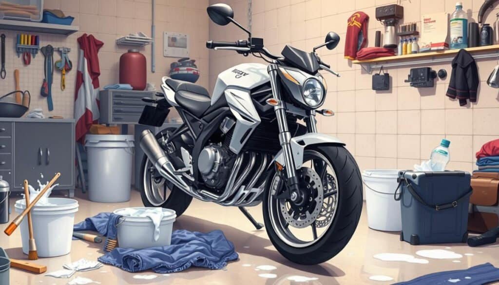 A motorcycle parked in a clean garage, surrounded by various cleaning tools like brushes, microfiber cloths, and buckets filled with soapy water, with protective gear laid out nearby, bright lighting highlighting the motorcycle's sleek design and chrome details, emphasizing a sense of preparation and care for maintenance.